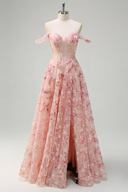 Pink Off the Shoulder Corset A-Line Floral Prom Dress with Slit