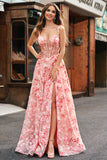 Princess Pink Applique Corset A-Line Floral Prom Dress with Slit