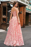 Princess Pink Applique Corset A-Line Floral Prom Dress with Slit