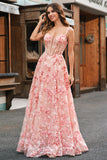 Princess Pink Applique Corset A-Line Floral Prom Dress with Slit