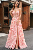 Princess Pink Applique Corset A-Line Floral Prom Dress with Slit