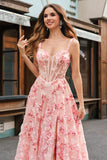 Princess Pink Applique Corset A-Line Floral Prom Dress with Slit