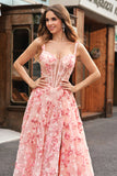 Princess Pink Applique Corset A-Line Floral Prom Dress with Slit