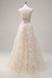 Shallow Champagne Corset Sequined A-Line 3D Flower Prom Dress