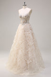 Shallow Champagne Corset Sequined A-Line 3D Flower Prom Dress
