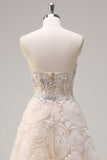 Shallow Champagne Corset Sequined A-Line 3D Flower Prom Dress