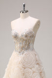 Shallow Champagne Corset Sequined A-Line 3D Flower Prom Dress