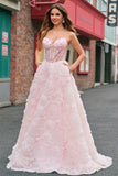 Pink Corset Sequined Applique Ball Gown Prom Dress with Pockets