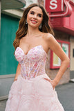 Pink Corset Sequined Applique Ball Gown Prom Dress with Pockets