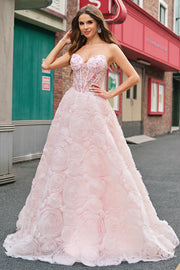 Pink Corset Sequined Applique Ball Gown Prom Dress with Pockets