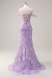 Lilac Off the Shoulder Appliques Mermaid Corset Prom Dress with Slit