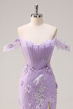 Lilac Off the Shoulder Appliques Mermaid Corset Prom Dress with Slit