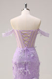 Lilac Off the Shoulder Appliques Mermaid Corset Prom Dress with Slit