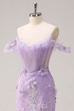 Lilac Off the Shoulder Appliques Mermaid Corset Prom Dress with Slit