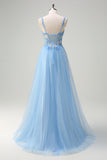 Glitter Blue Applique Corset A-Line Prom Dress with Slit