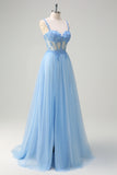 Glitter Blue Applique Corset A-Line Prom Dress with Slit