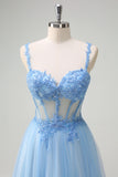 Glitter Blue Applique Corset A-Line Prom Dress with Slit