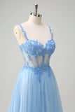 Glitter Blue Applique Corset A-Line Prom Dress with Slit