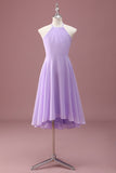 Lilac A Line Halter Ruched Knee Length Junior Bridesmaid Dress