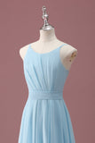 Sky Blue A Line Spaghetti Straps Ruffles Maxi Junior Bridesmaid Dress