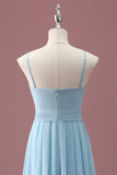 Sky Blue A Line Spaghetti Straps Ruffles Maxi Junior Bridesmaid Dress
