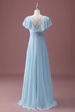 Sky Blue A Line V-Neck Ruched Chiffon Junior Bridesmaid Dress