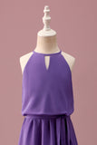 Purple Halter Keyhole A Line Short Junior Bridesmaid Dress