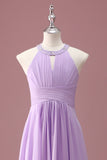 Lilac Beaded Keyhole Halter A Line Pleated Junior Bridesmaid Dress