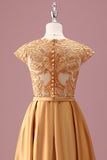 Golden Round Neck Chiffon A Line Junior Bridesmaid Dress