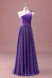 Purple One Shoulder A Line Pleated Chiffon Maxi Junior Bridesmaid Dress