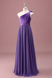 Purple One Shoulder A Line Pleated Chiffon Maxi Junior Bridesmaid Dress