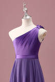 Purple One Shoulder A Line Pleated Chiffon Maxi Junior Bridesmaid Dress