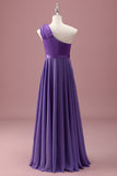 Purple One Shoulder A Line Pleated Chiffon Maxi Junior Bridesmaid Dress