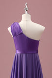 Purple One Shoulder A Line Pleated Chiffon Maxi Junior Bridesmaid Dress