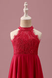 Halter Red A Line Chiffon Lace Junior Bridesmaid Dress
