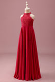 Halter Red A Line Chiffon Lace Junior Bridesmaid Dress