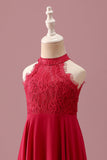 Halter Red A Line Chiffon Lace Junior Bridesmaid Dress