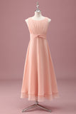 Peach Scoop Neck Pleated Chiffon A Line Junior Bridesmaid Dress