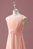Peach Scoop Neck Pleated Chiffon A Line Junior Bridesmaid Dress