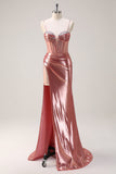 Blush Spaghetti Straps Mermaid Metallic Corset Prom Dress with High Slit