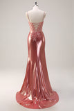 Blush Spaghetti Straps Mermaid Metallic Corset Prom Dress with High Slit