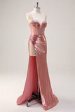 Blush Spaghetti Straps Mermaid Metallic Corset Prom Dress with High Slit