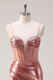 Blush Spaghetti Straps Mermaid Metallic Corset Prom Dress with High Slit