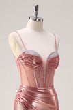 Blush Spaghetti Straps Mermaid Metallic Corset Prom Dress with High Slit