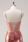 Blush Spaghetti Straps Mermaid Metallic Corset Prom Dress with High Slit