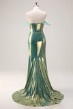 Green Off the Shoulder Mermaid Metallic Corset Prom Dress with Slit