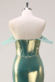 Green Off the Shoulder Mermaid Metallic Corset Prom Dress with Slit