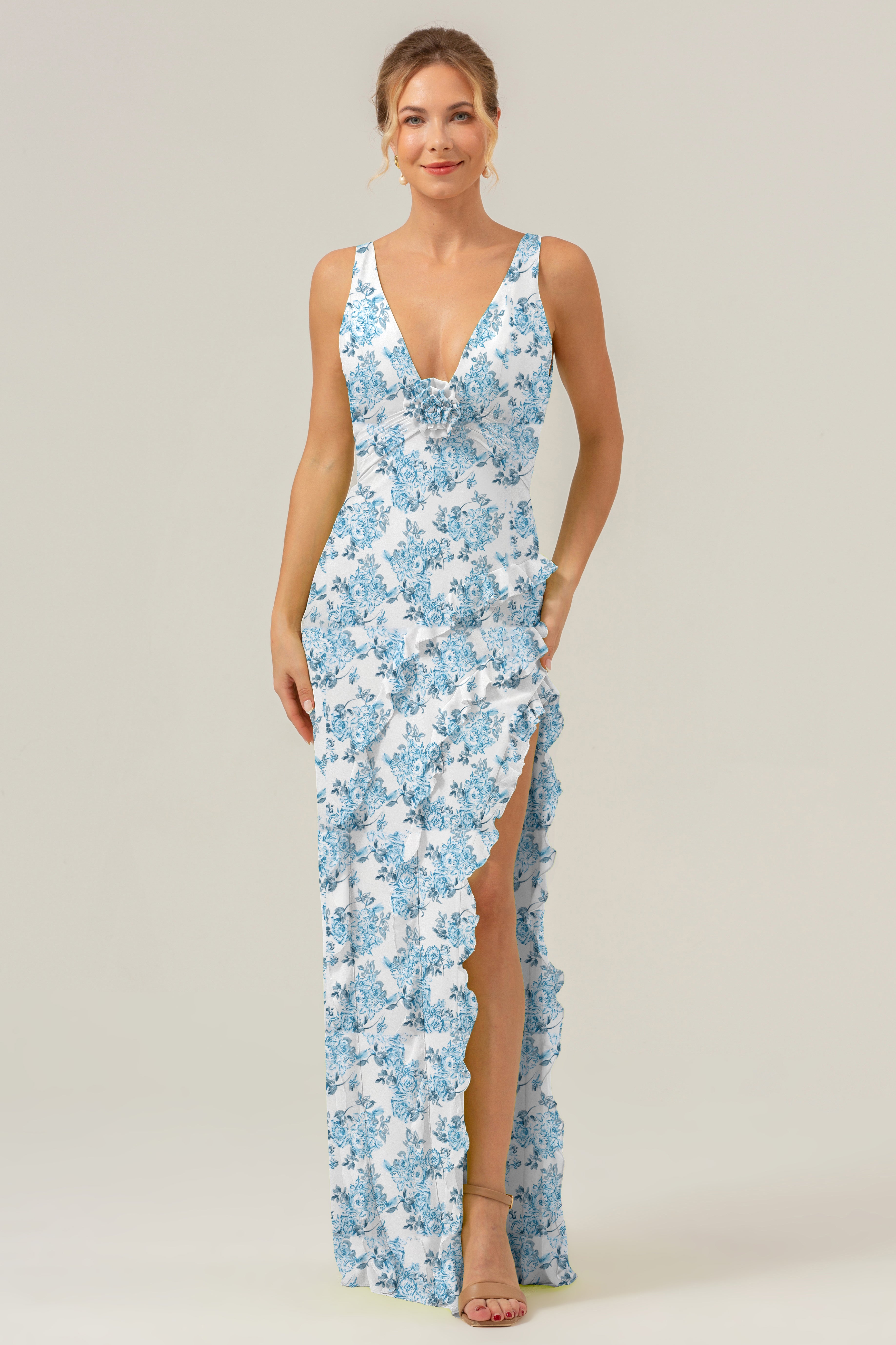 Leely Women Blue Flower Sheath Ruffled Bridesmaid Dress with Slit V