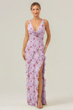Leely Women Lavender Flower Sheath Ruffled Bridesmaid Dress with Slit V-Neck Floral Maxi Wedding Guest Dress