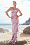 Green Large Floral Chiffon Sheath Bridesmaid Dress with Ruffles